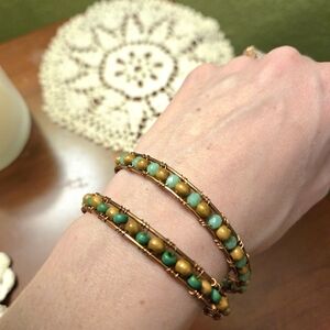 Handmade Turquoise & Mustard Beaded Wire Bracelet Set - Women Jewelry